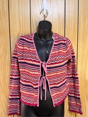 Jessica Simpson Pink Multi-Stripe Tie-Front Cardigan